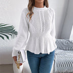 White Cable Knit Peplum Sweater - View 7 | WEUXS