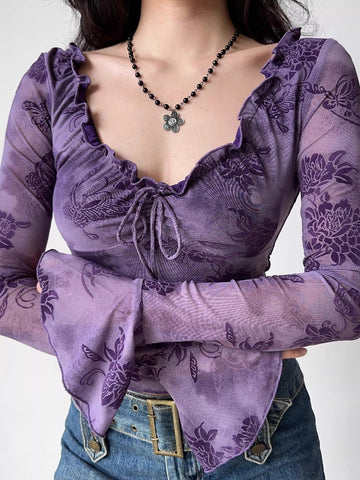Flocked Floral Bell Sleeve Top