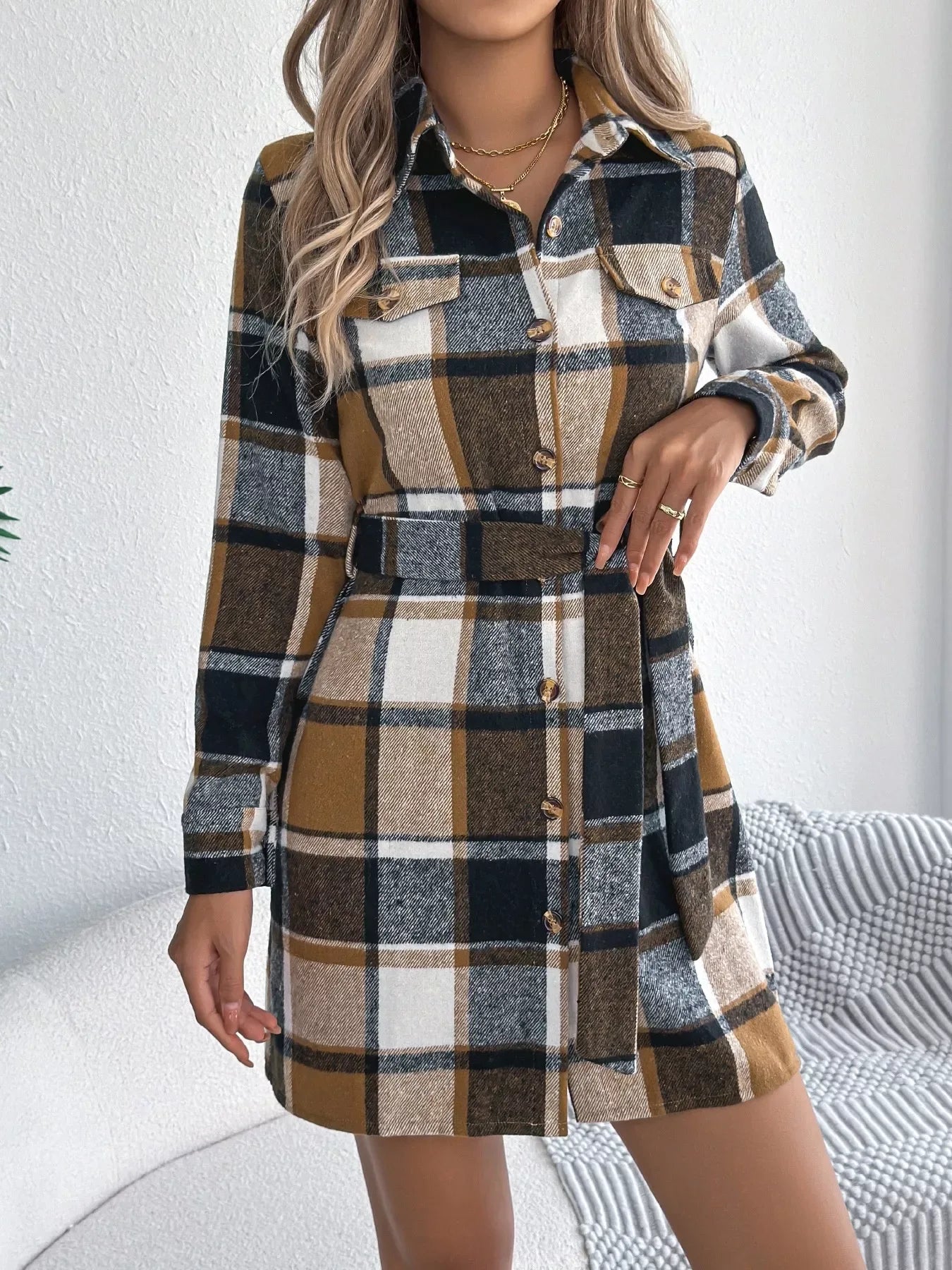 Green Plaid Belted Shirt Dress - View 11 | WEUXS