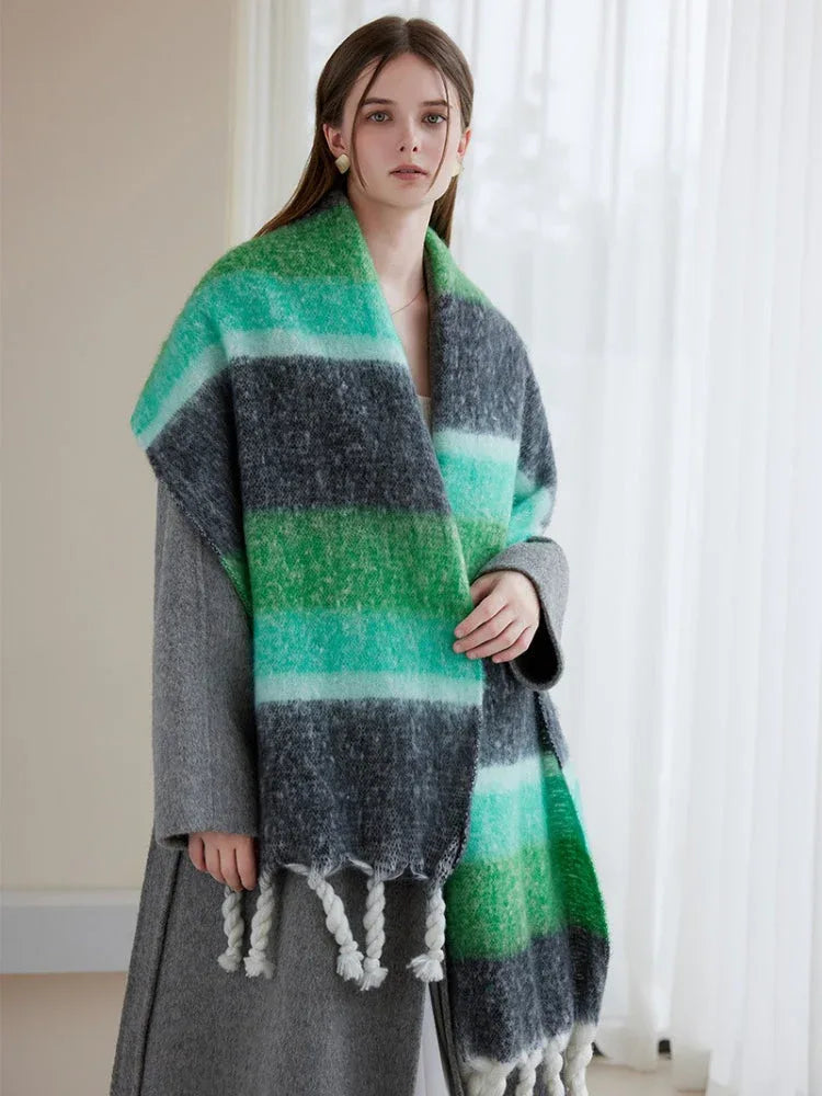 Oversized Monochrome Striped Tassel Shawl - View 9 | WEUXS