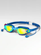 Blue swimming goggles with iridescent mirrored lenses and attached earplugs
