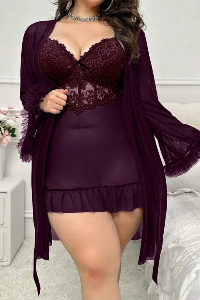 Front view of a plus-size plum sheer mesh babydoll and robe set, showing the lace bodice and ruffle details.