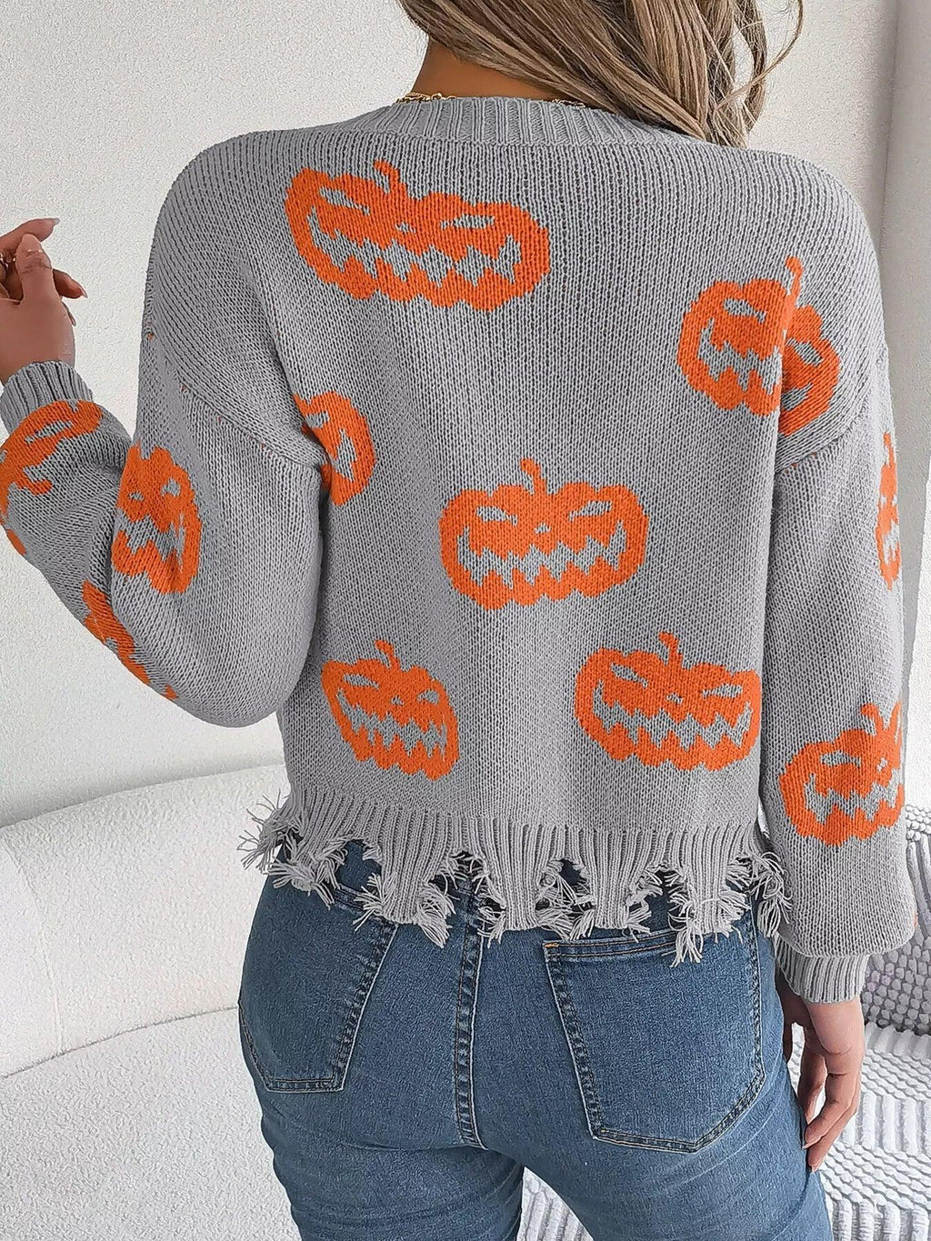 Edgy Distressed Pumpkin Knit Sweater - WEUXS