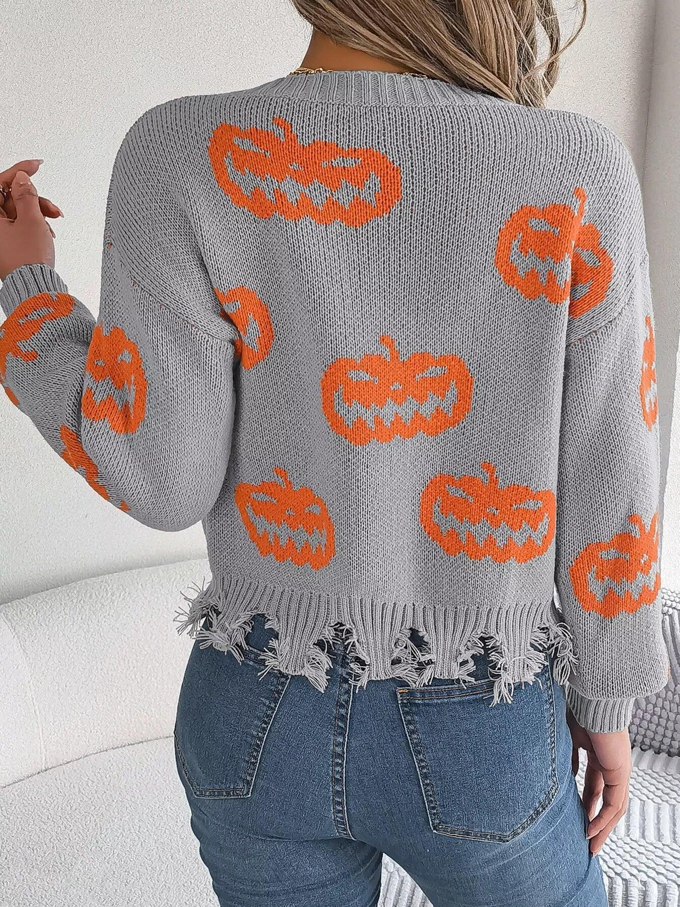 Edgy Distressed Pumpkin Knit Sweater - WEUXS
