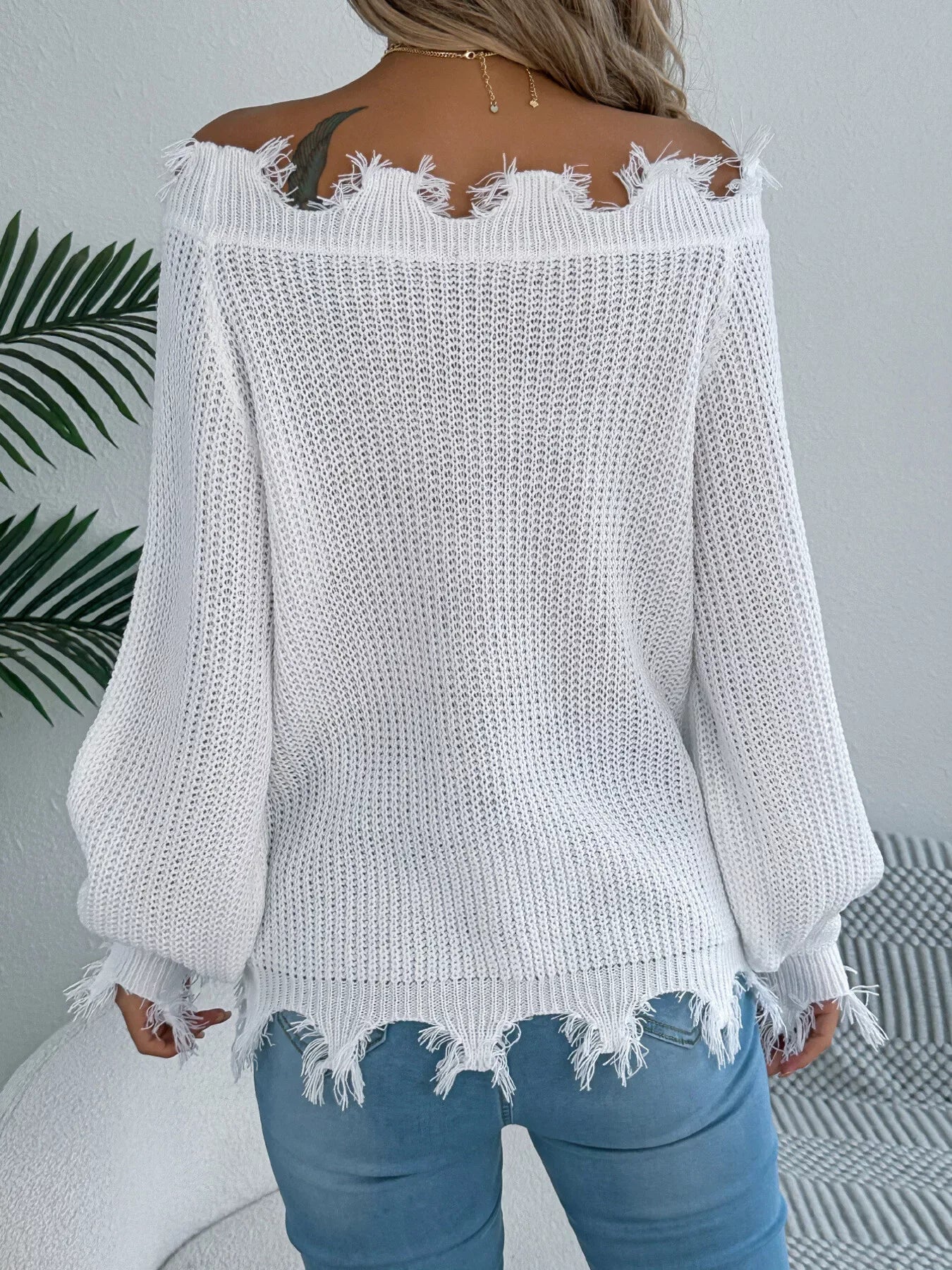 Off-Shoulder Distressed Knit Sweater - View 14 | WEUXS