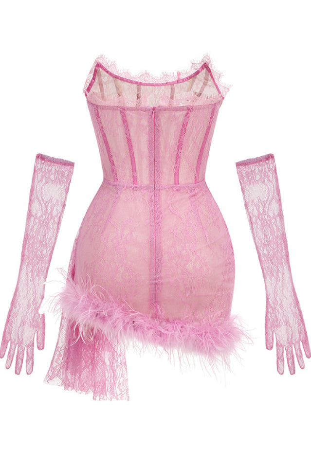 Queena Strapless Feather Trim Lace Dress | Dress In Beauty