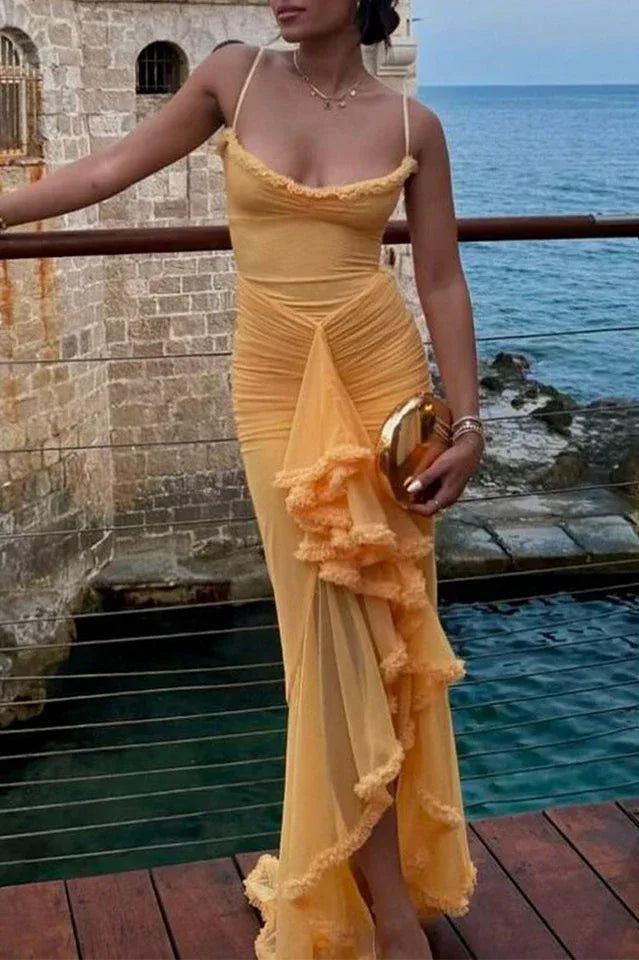 Apricot Ruffled Front Gown - View 8 | WEUXS
