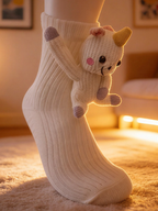 Cream knit crew socks with an attached white plush unicorn toy, detailed view