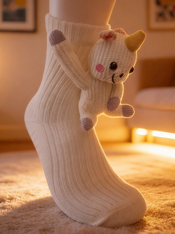 3D Crochet Unicorn Plush Knitted Socks White