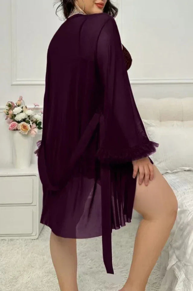 Back view of a plus-size plum sheer mesh babydoll and robe set.
