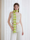 Woman wearing a long black and white striped knit scarf with ruffle edges - View 8 | WEUXS