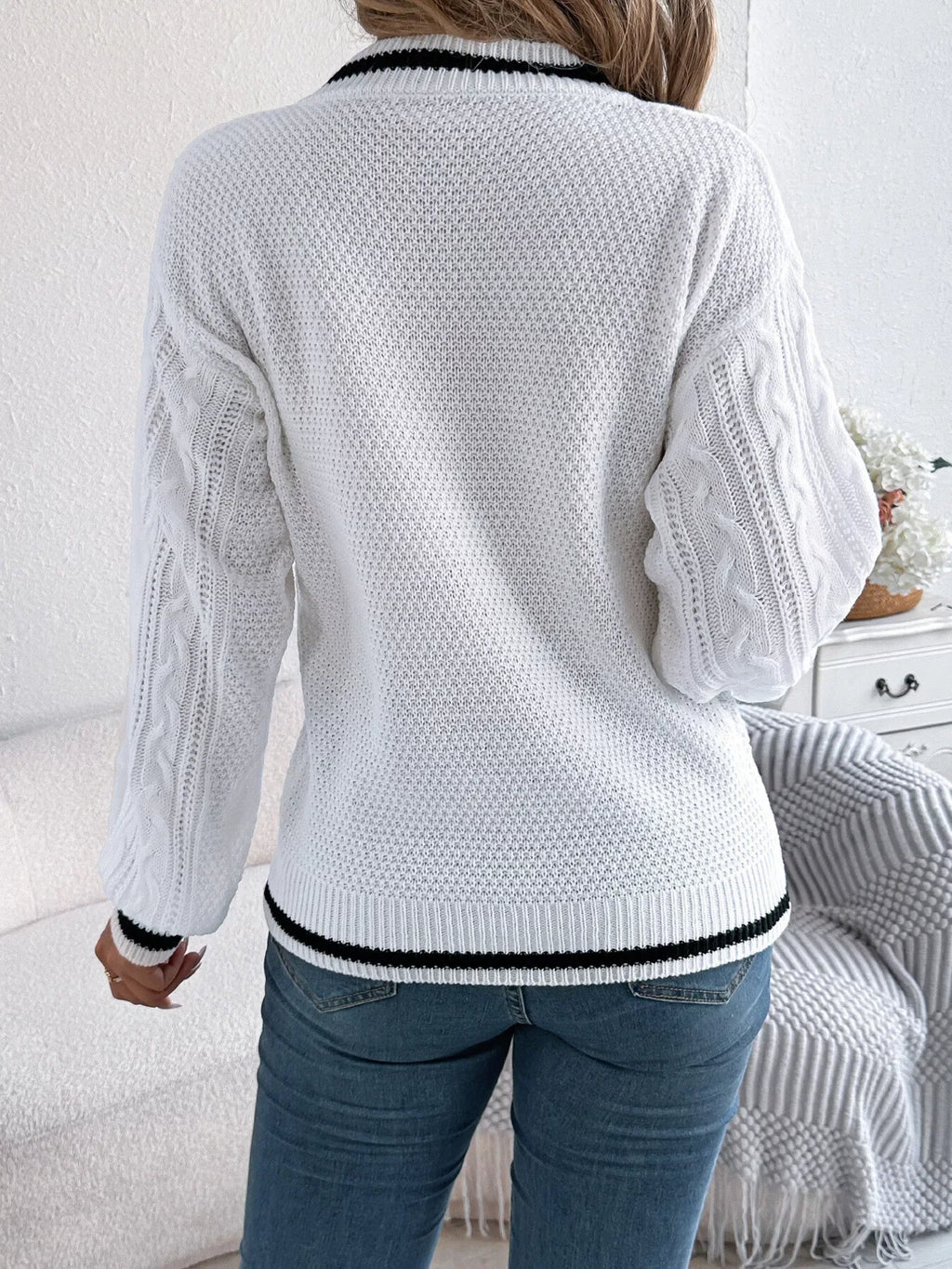 Sky Blue Preppy V-Neck Cable Knit Sweater - WEUXS