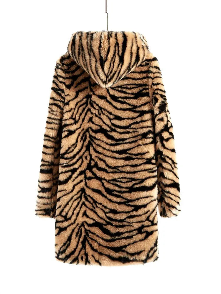 Luxe Tiger Print Faux Fur Hooded Coat - WEUXS