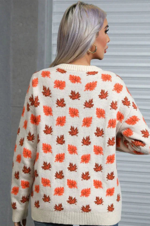 Autumn Leaf Print Knit Sweater - View 8 | WEUXS