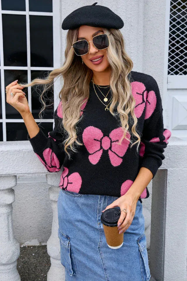 Women's crew neck knit sweater with bow print - View 12 | WEUXS