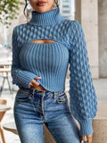 Elegant Blue Cutout Turtleneck Sweater - WEUXS