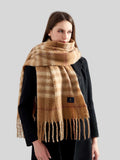 Close-up of a woman's neck and shoulders showing a plaid scarf