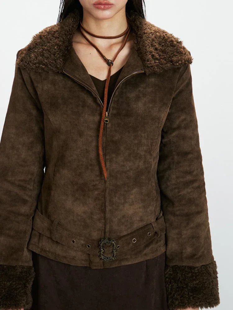 Vintage Espresso Corduroy Sherpa Jacket with Faux Fur Trim - View 6 | WEUXS