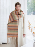 Oversized green gradient striped scarf with fringed edges - View 9 | WEUXS