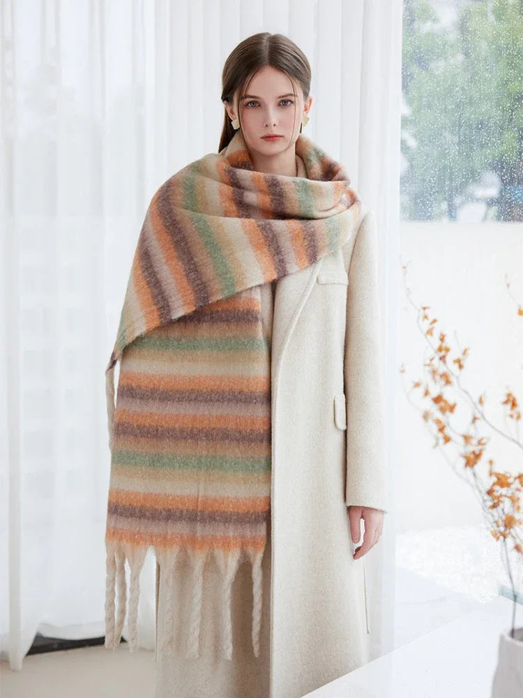 Oversized green gradient striped scarf with fringed edges - View 9 | WEUXS