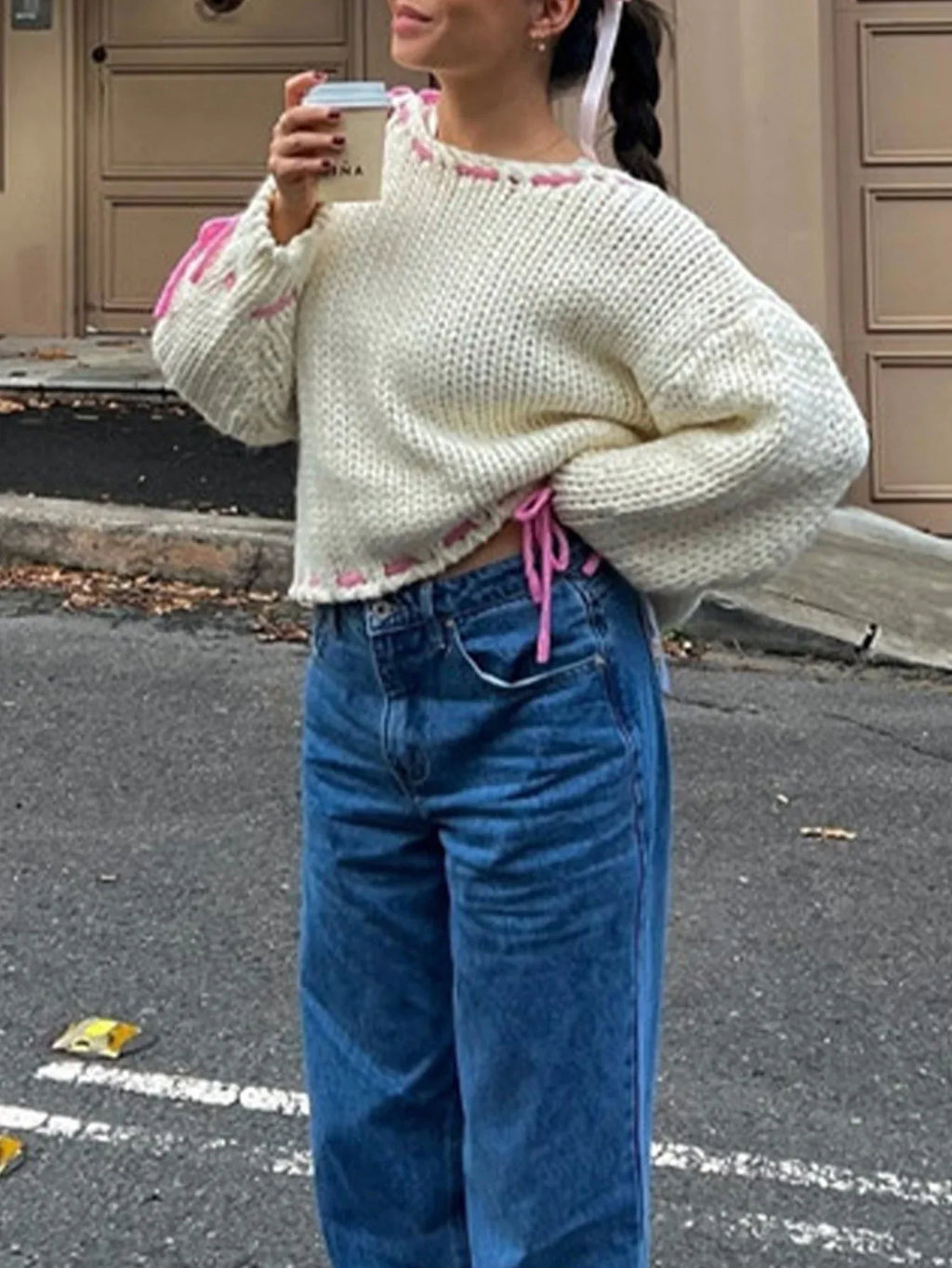 Chunky knit V-neck sweater with ribbon detail - View 8 | WEUXS