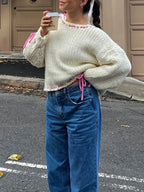Chunky knit V-neck sweater with ribbon detail - View 8 | WEUXS