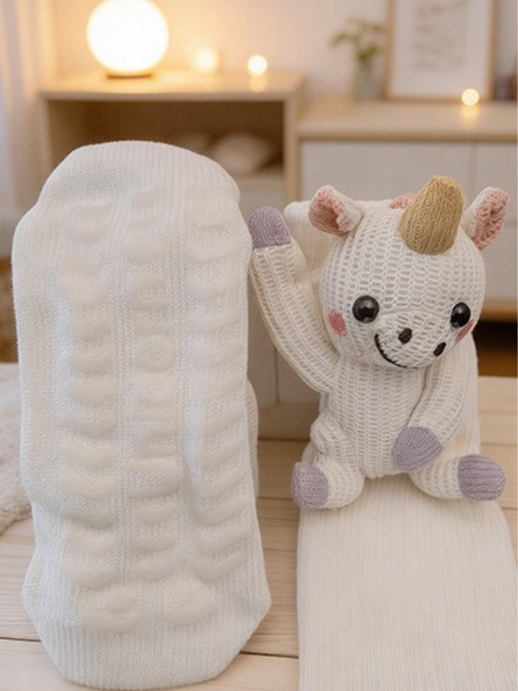 Cream knit crew socks with an attached white plush unicorn toy and non-slip grips on the sole