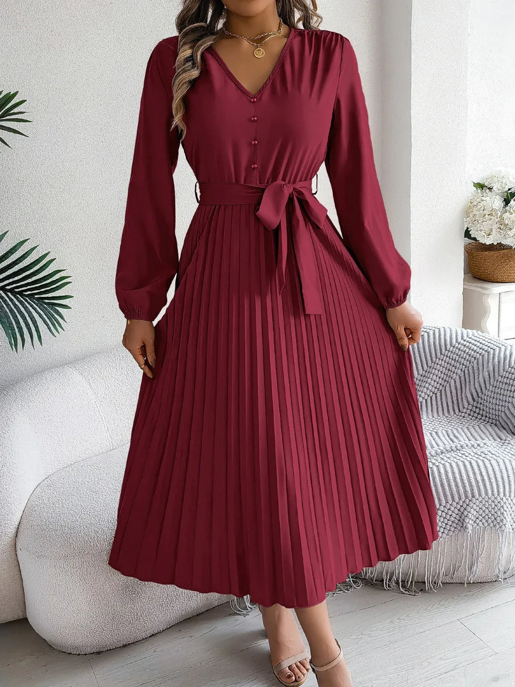 Vintage Khaki V-Neck Pleated Maxi Dress - WEUXS