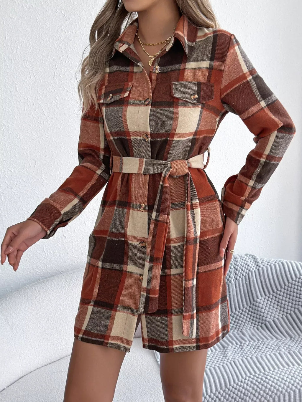 Green Plaid Belted Shirt Dress - View 16 | WEUXS