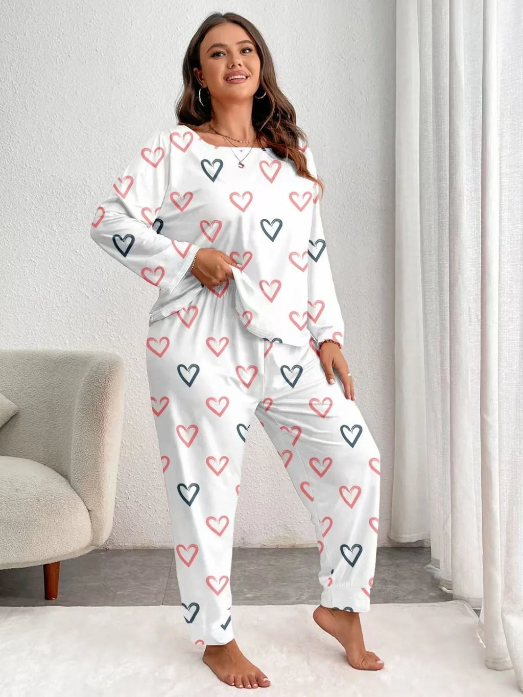 Plus Size Pink Heart Print Jogger Pajama Set - View 9 | WEUXS