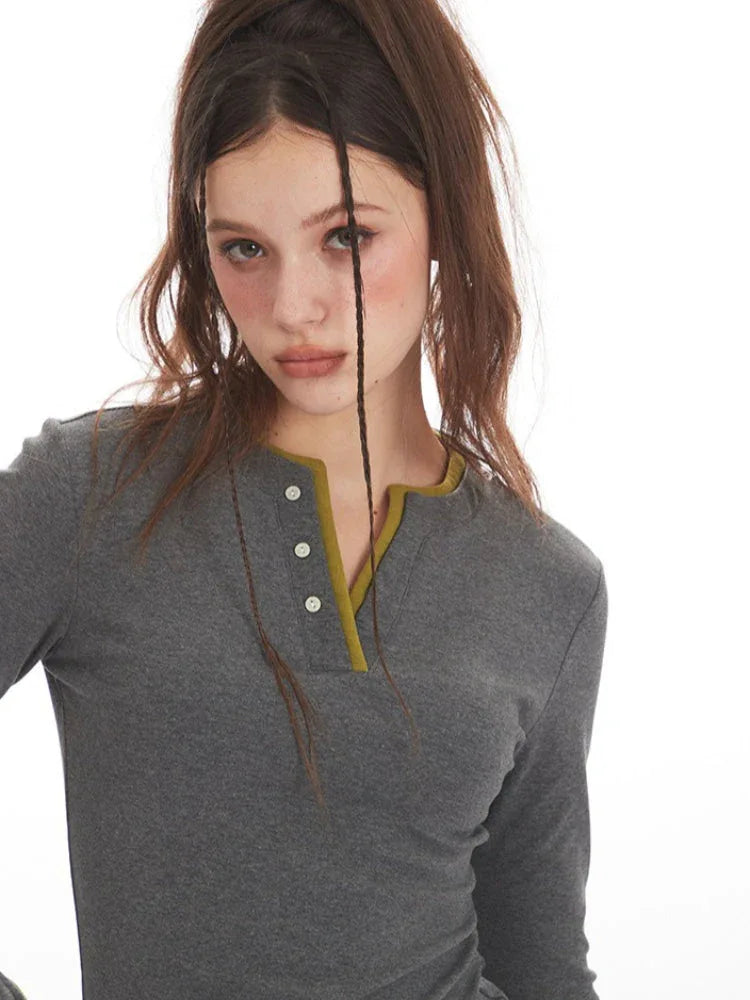 Y2K Grunge Faux Layered Henley Top - View 6 | WEUXS