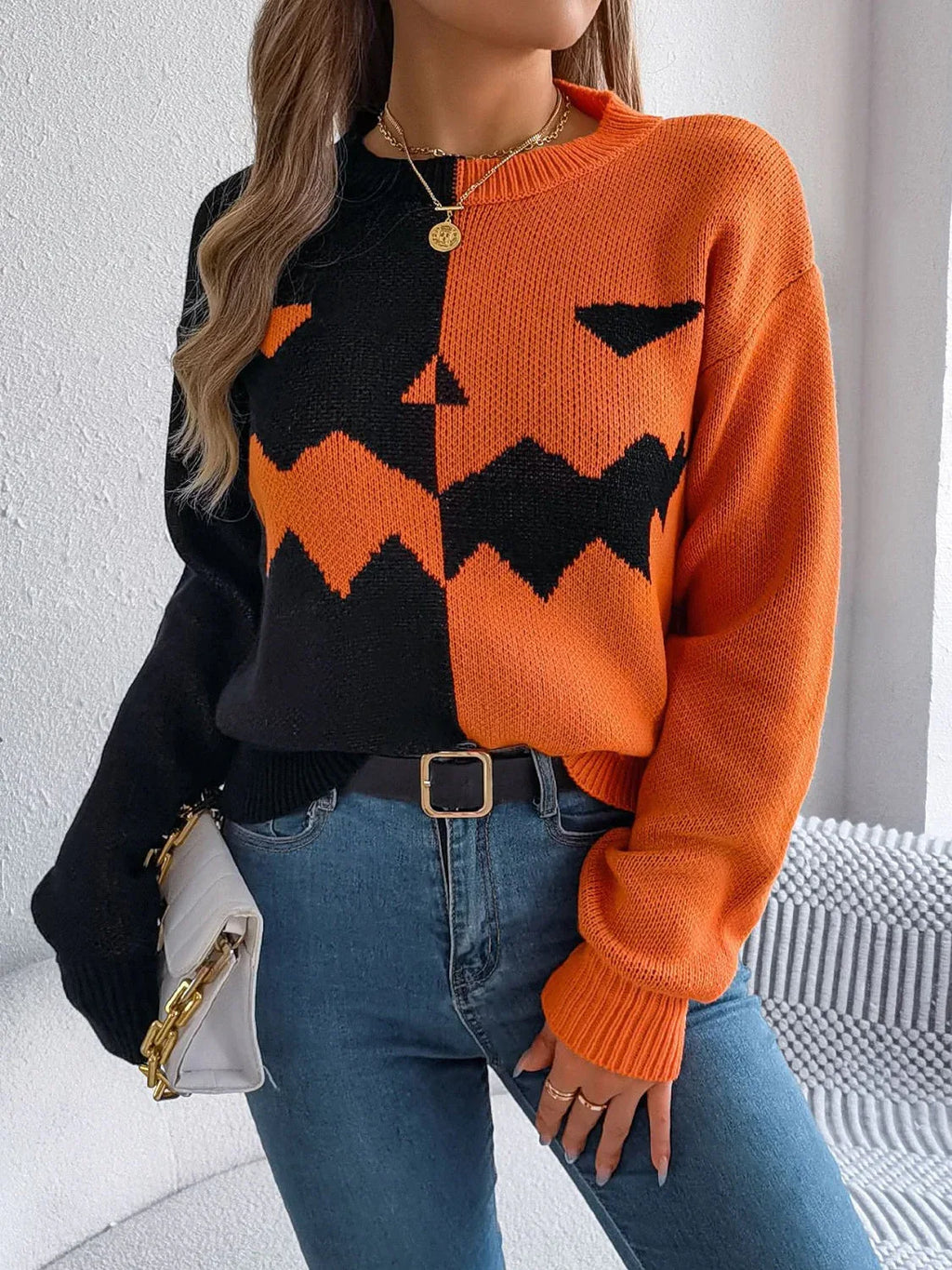 Spooky Chic Split Color Block Pumpkin Sweater - WEUXS