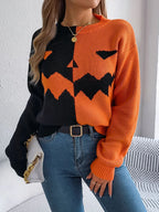 Spooky Chic Split Color Block Pumpkin Sweater - WEUXS