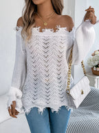 Off-Shoulder Distressed Knit Sweater - View 15 | WEUXS