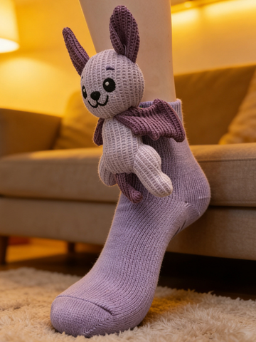 Light purple ankle sock with a light purple and darker purple knitted bat character applique attached to the cuff.