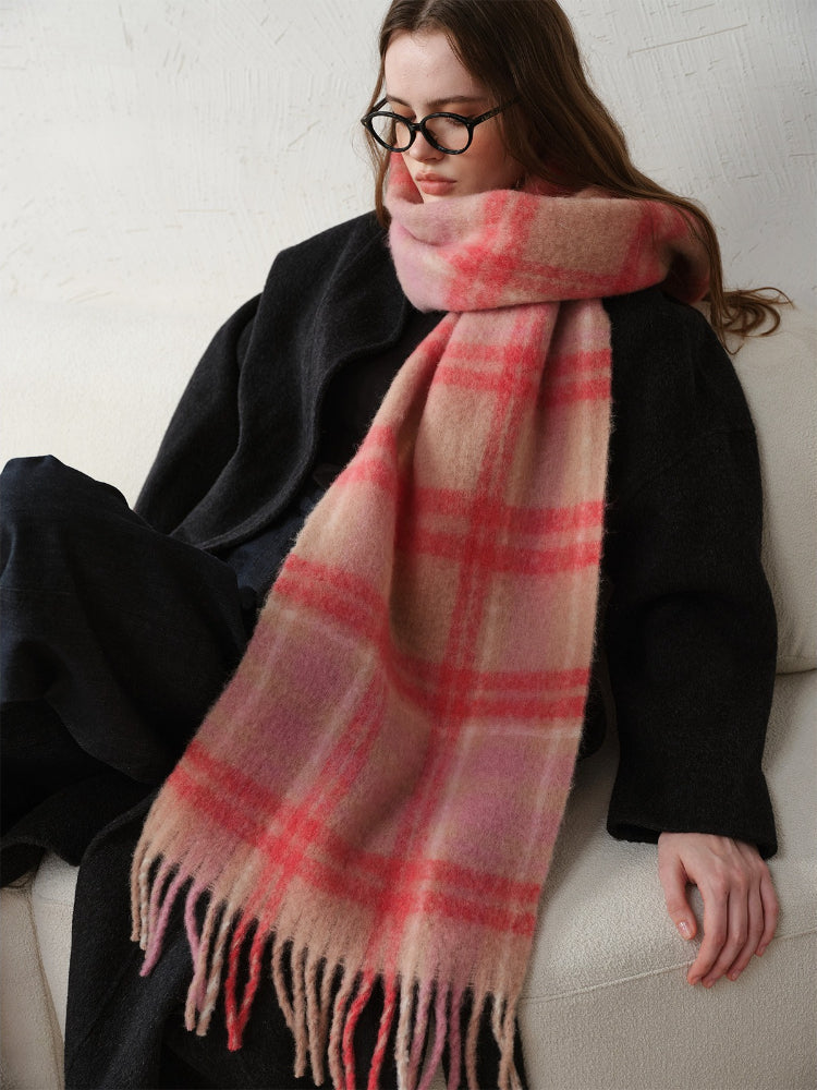 Pink Plaid Wool Blend Scarf