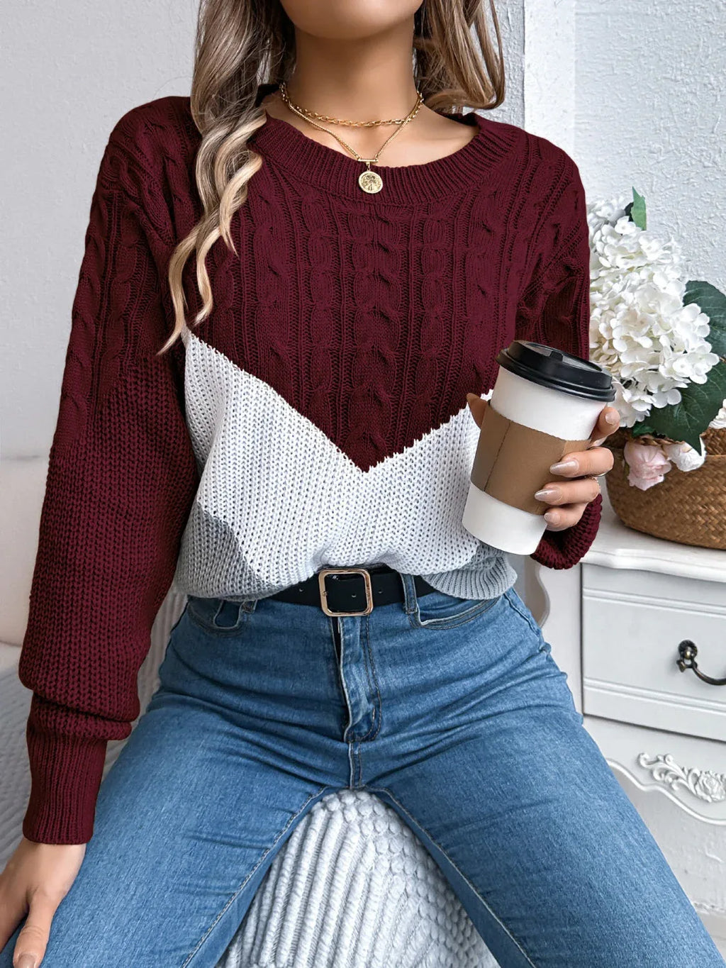 Color block cable knit sweater - View 15 | WEUXS