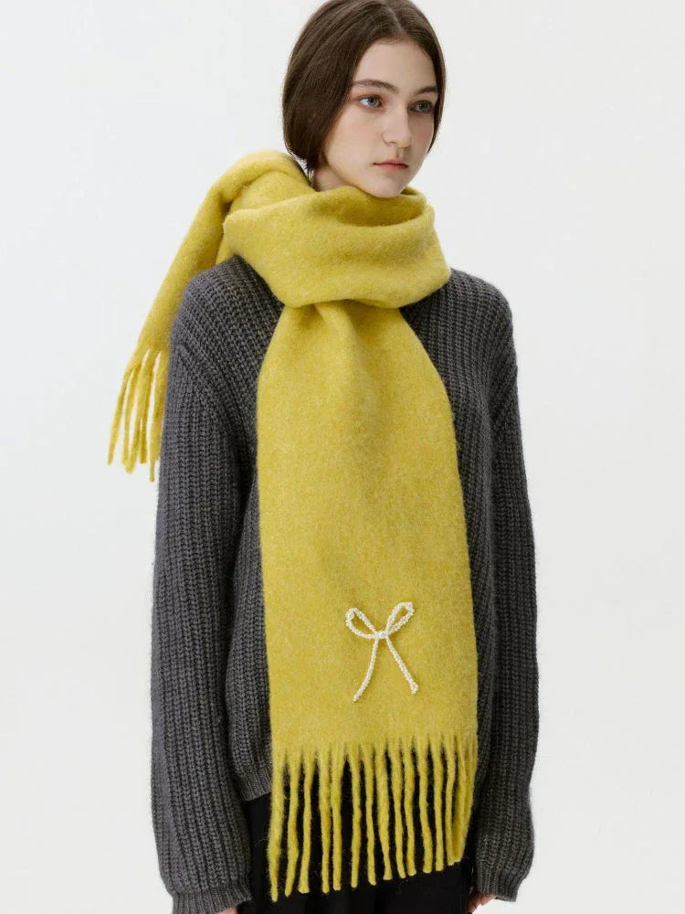 Wool blend scarf with pearl bow detail - View 7 | WEUXS