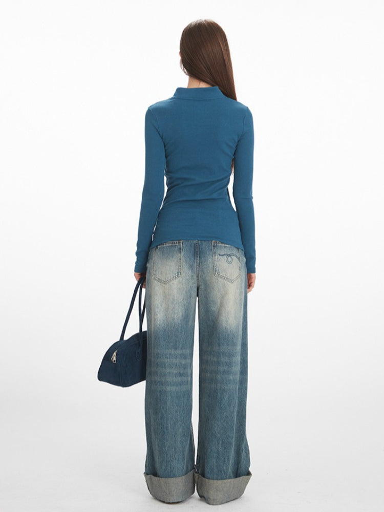 Y2K Essential Ribbed Henley Long Sleeve Top