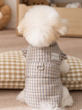 Rear view of a small white dog wearing a brown plaid dog vest with a D-ring