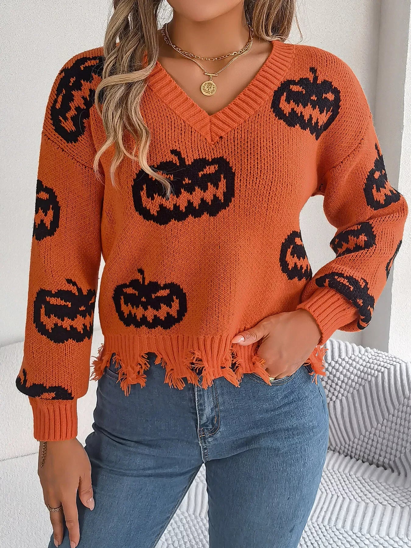 woman wearing black pumpkin knit sweater - View 18 | WEUXS