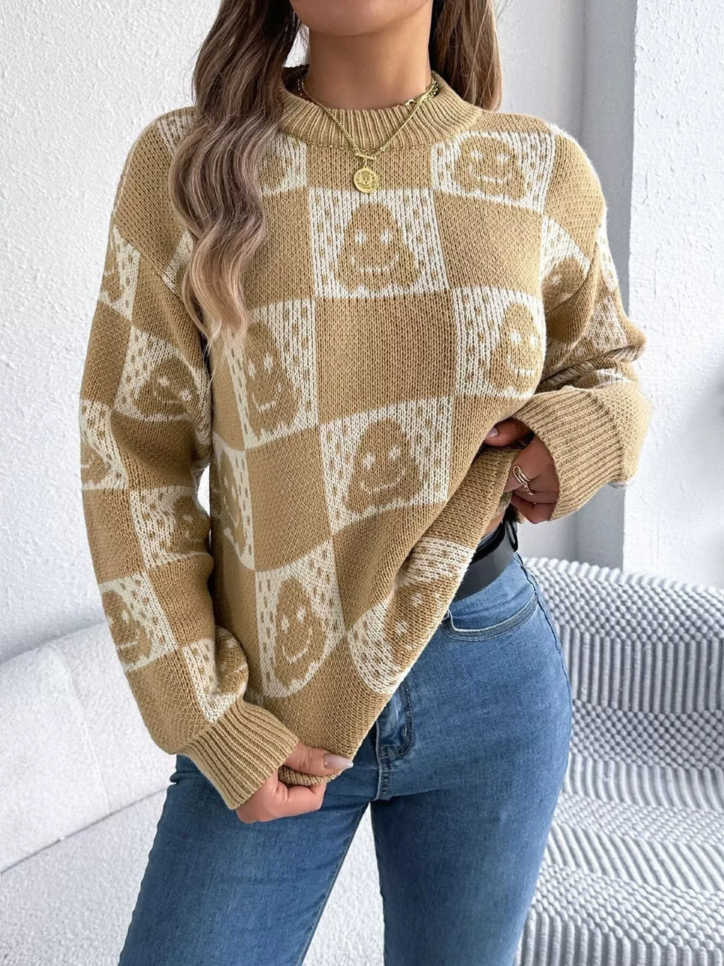 Ghost Checkerboard Knit Sweater - View 9 | WEUXS