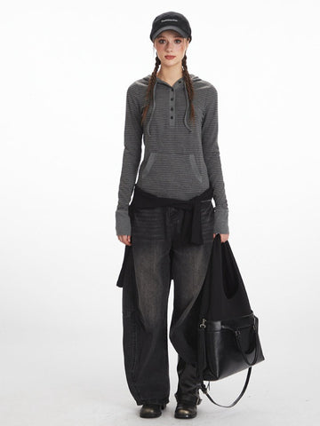 Y2K Grunge Striped Hooded Henley Top