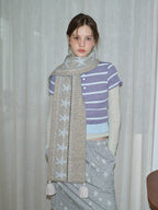 Wool Blend Fair Isle Knitted Scarf Beige Geometric Pattern with Corner Tassels