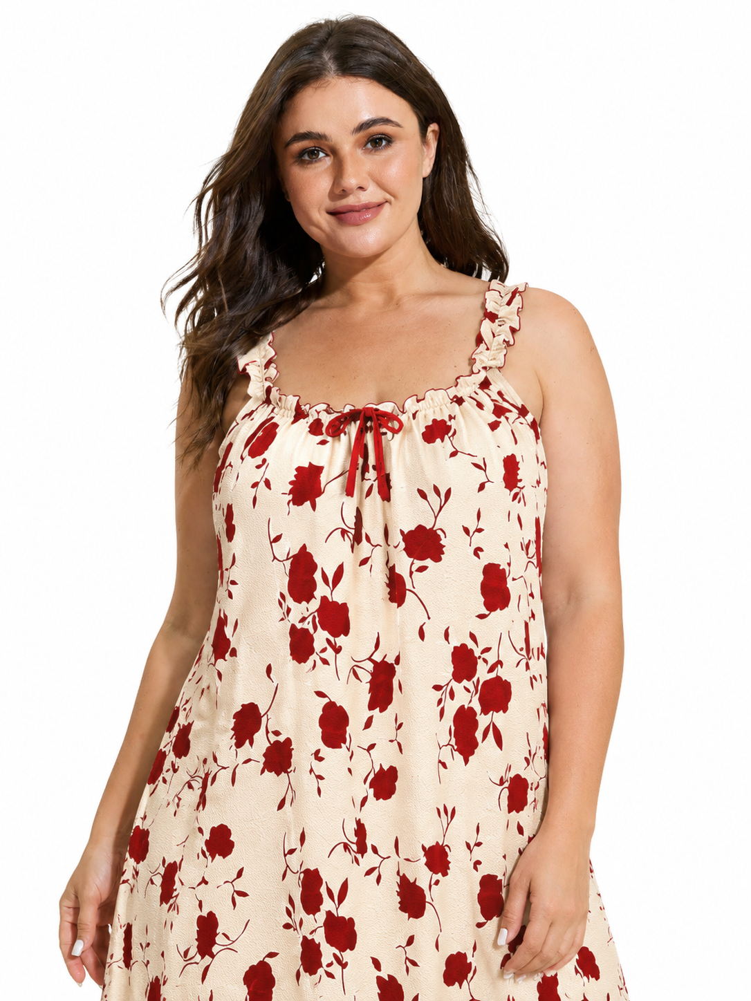 Close-up of the neckline of a cream and red floral print nightgown.