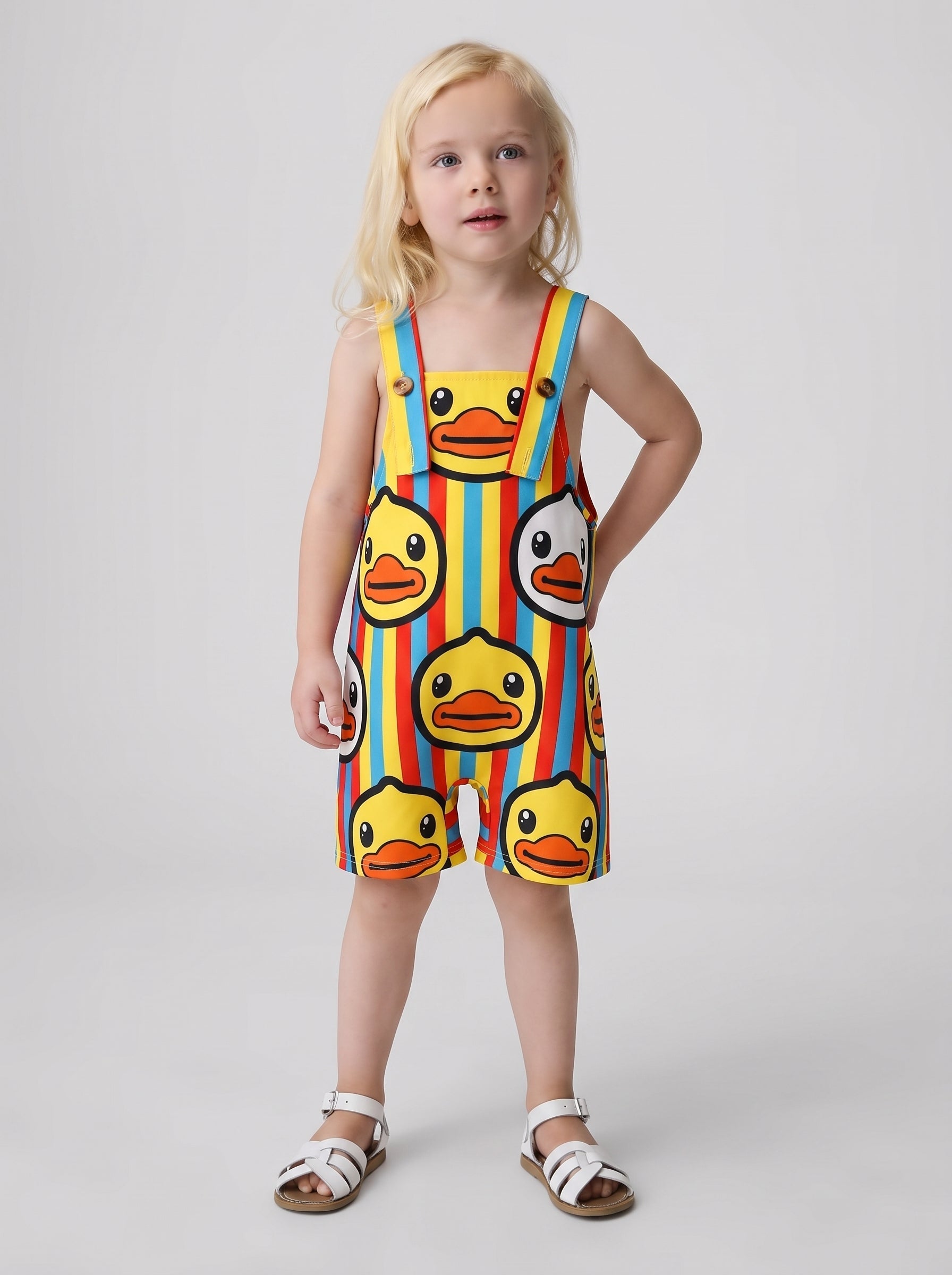 child posing in duck print shortall