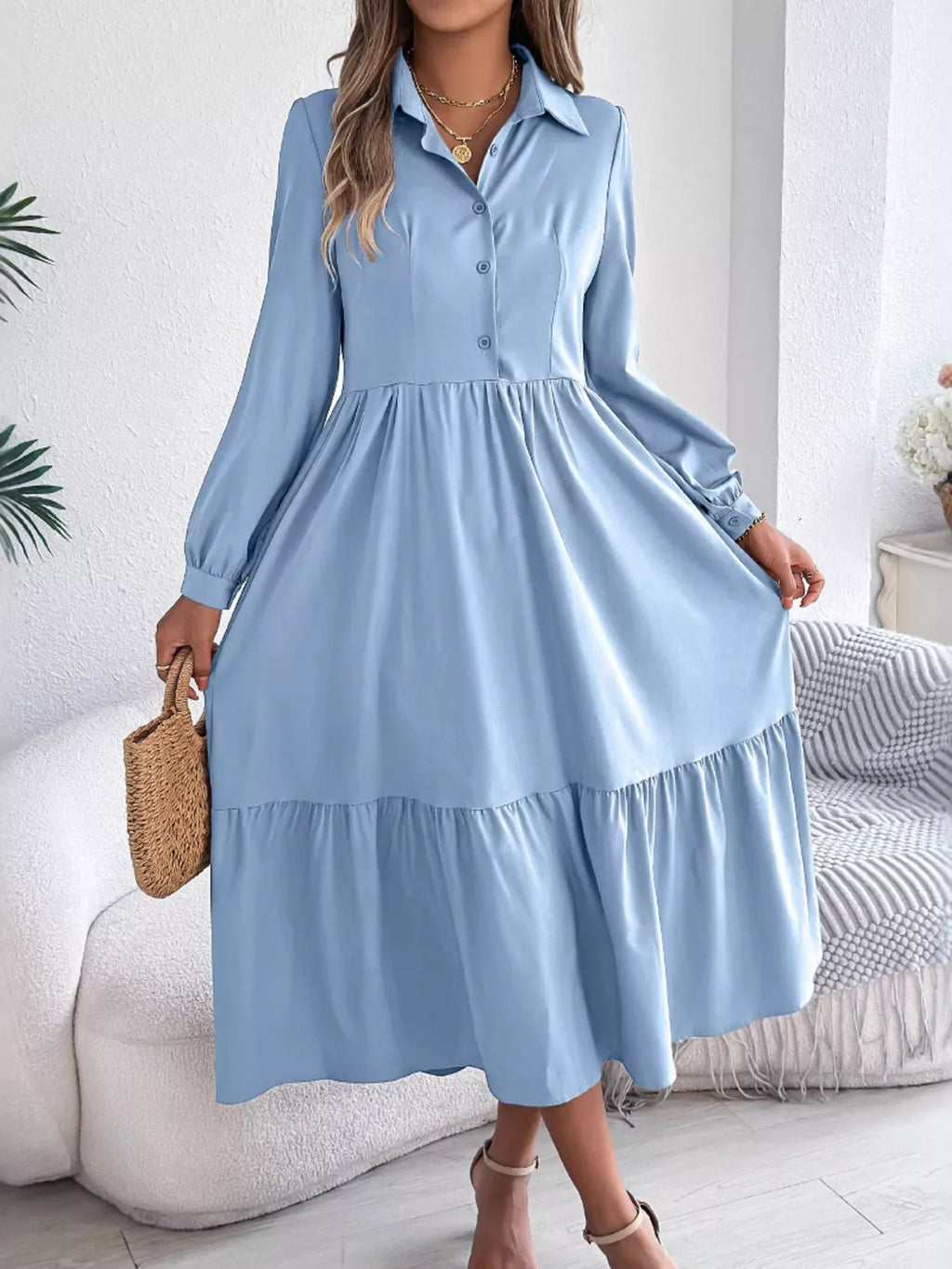 Navy Blue Ruffled Tiered Shirt Dress - View 11 | WEUXS