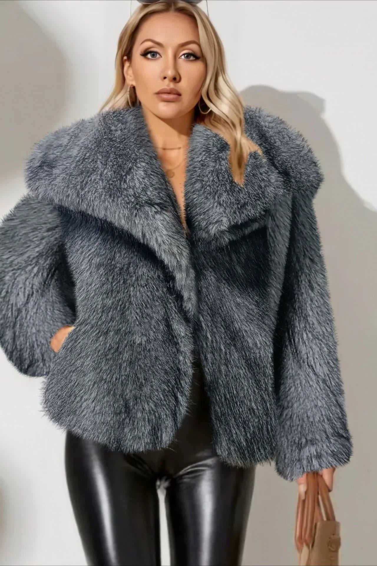 Luxe Sage Grey Faux Fox Fur Coat - WEUXS