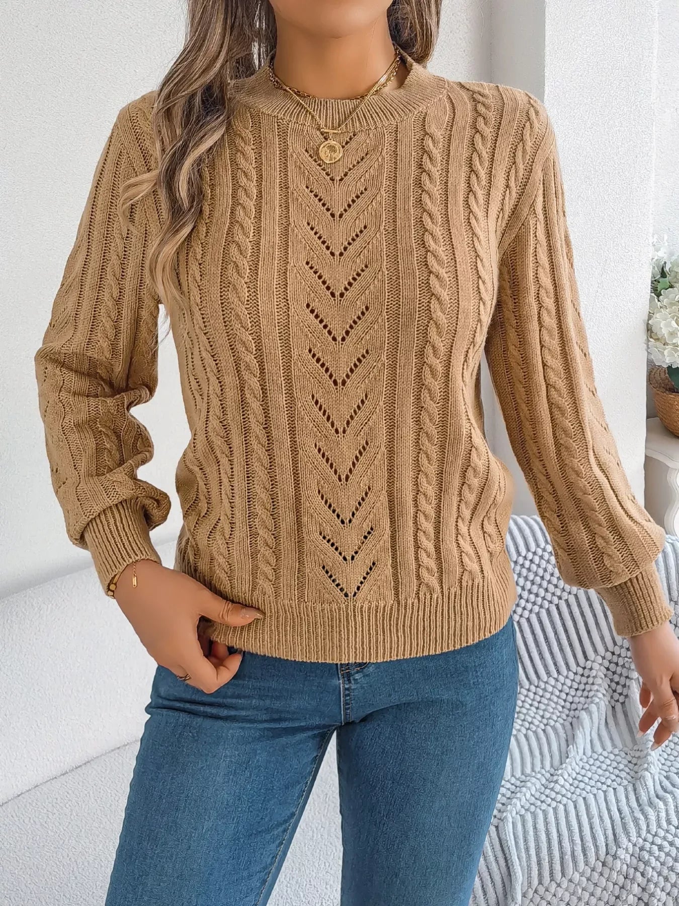 Women's Rust Cable Knit Sweater - WEUXS