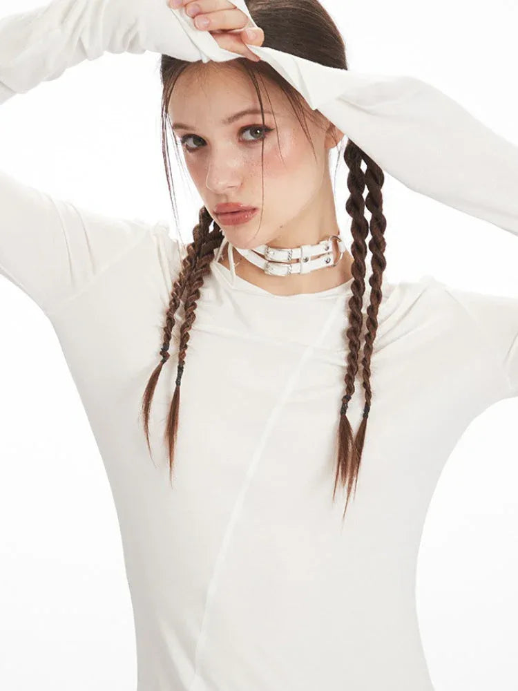 White Irregular Exposed Seam Long Sleeve Top - WEUXS